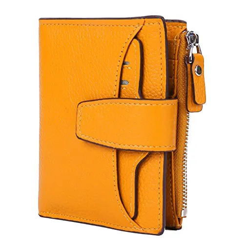AINIMOER Women's RFID Blocking Leather Small Compact Bi-fold Zipper Pocket Wallet Card Case Purse(Lichee Yellow)