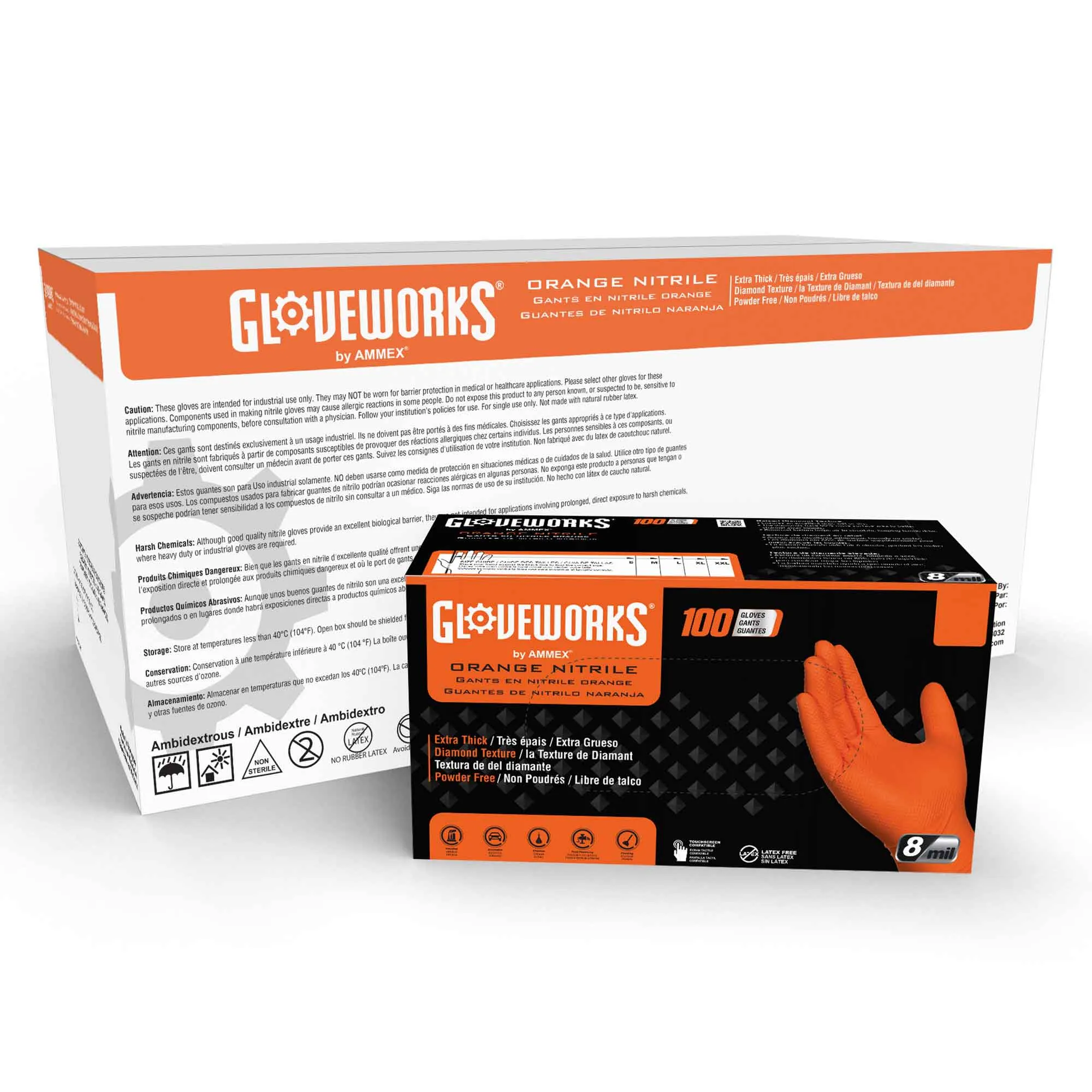 AMMEX® Gloveworks® HD Orange Nitrile Powder Free Industrial Gloves