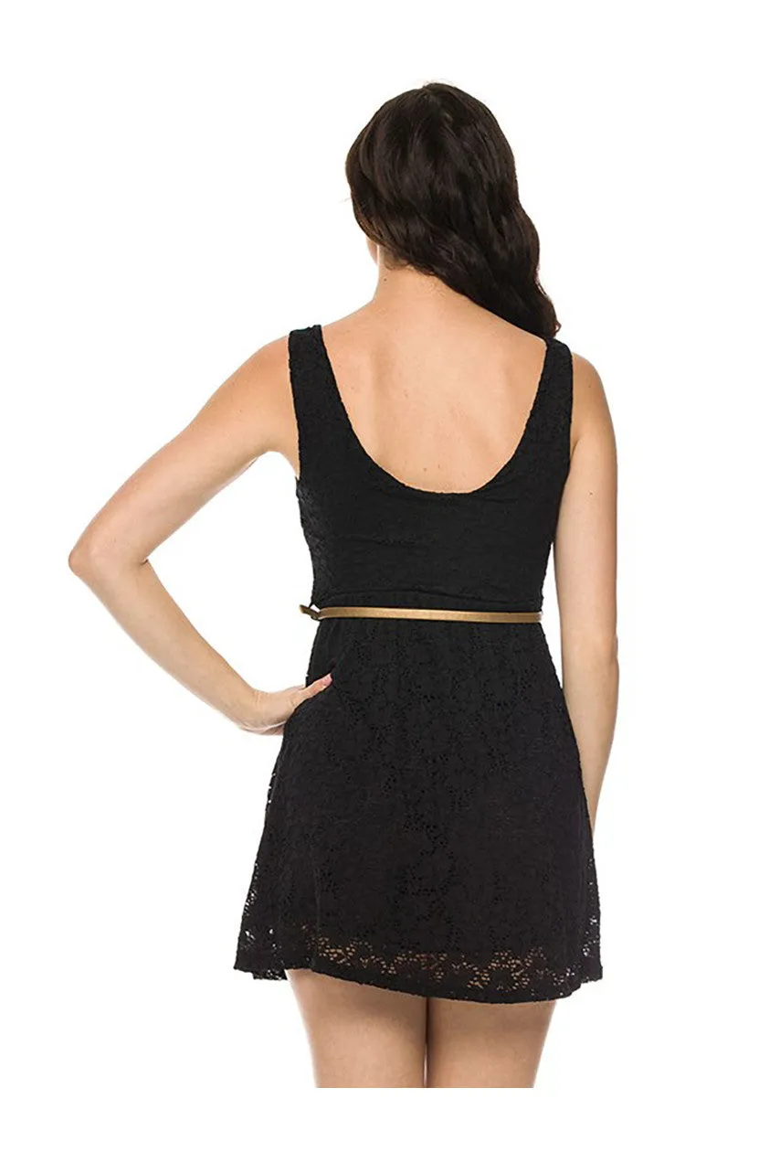 Belted Fit & Flare Lace Cocktail Dress