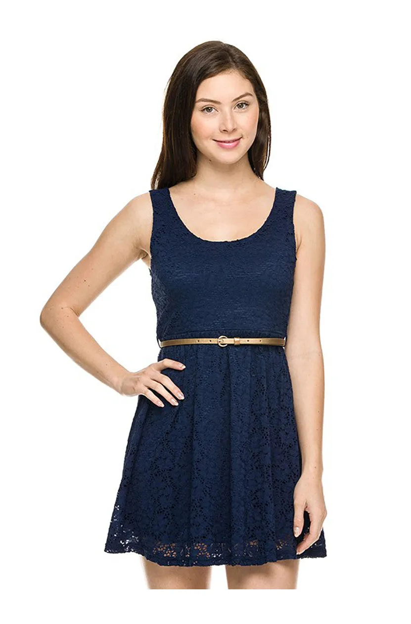 Belted Fit & Flare Lace Cocktail Dress