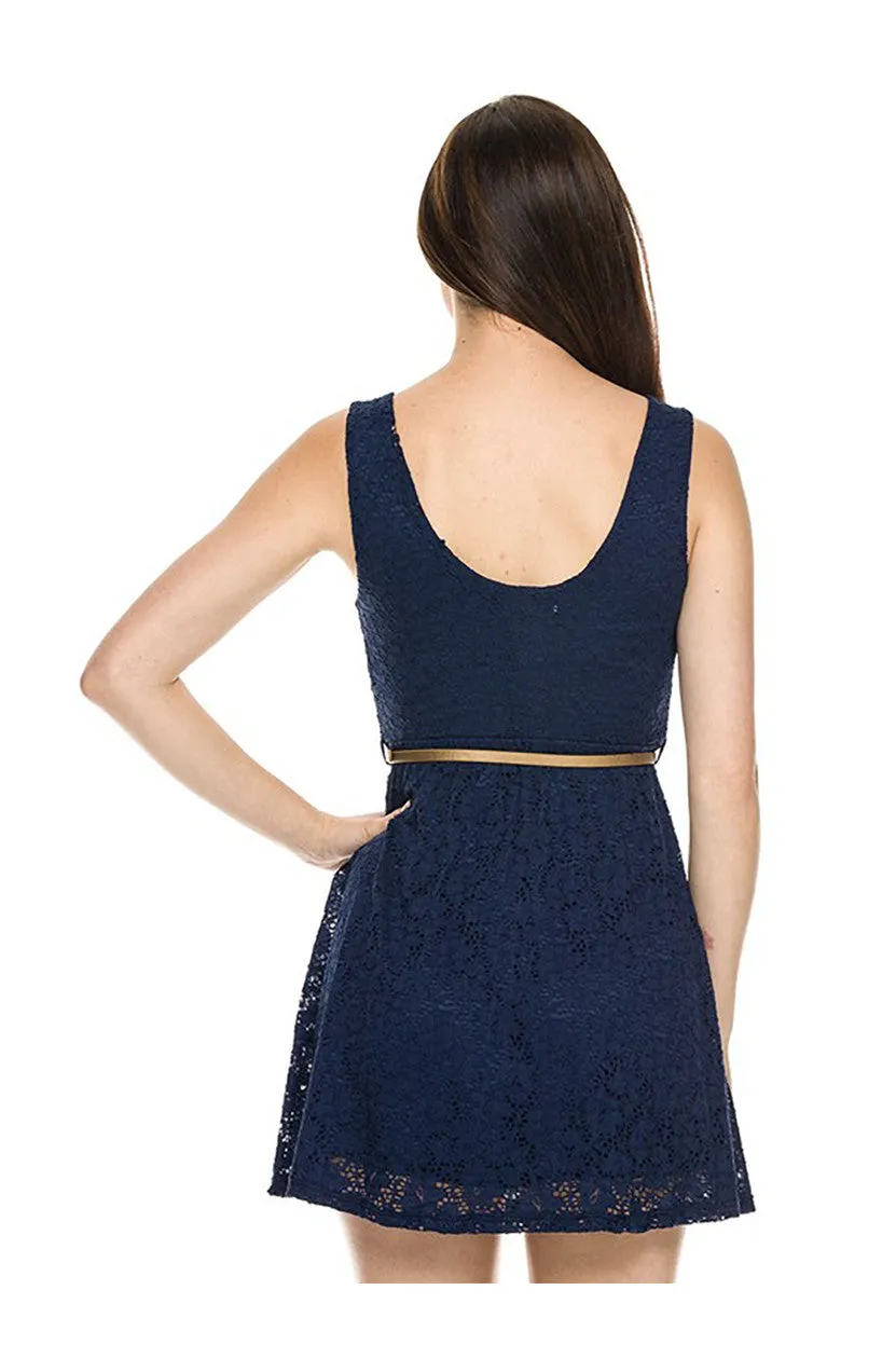 Belted Fit & Flare Lace Cocktail Dress