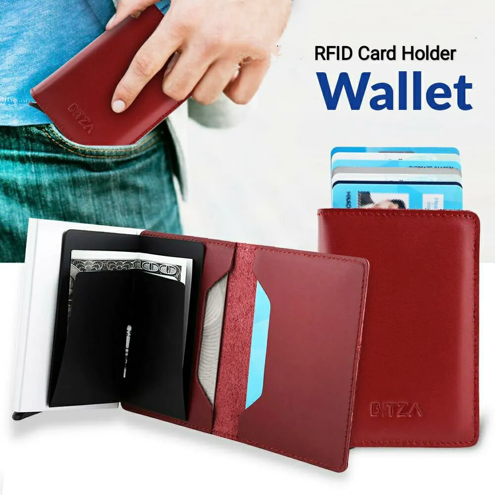 Bitza Ultra Slim Genuine Leather Card Holder Wallet with RFID Protection