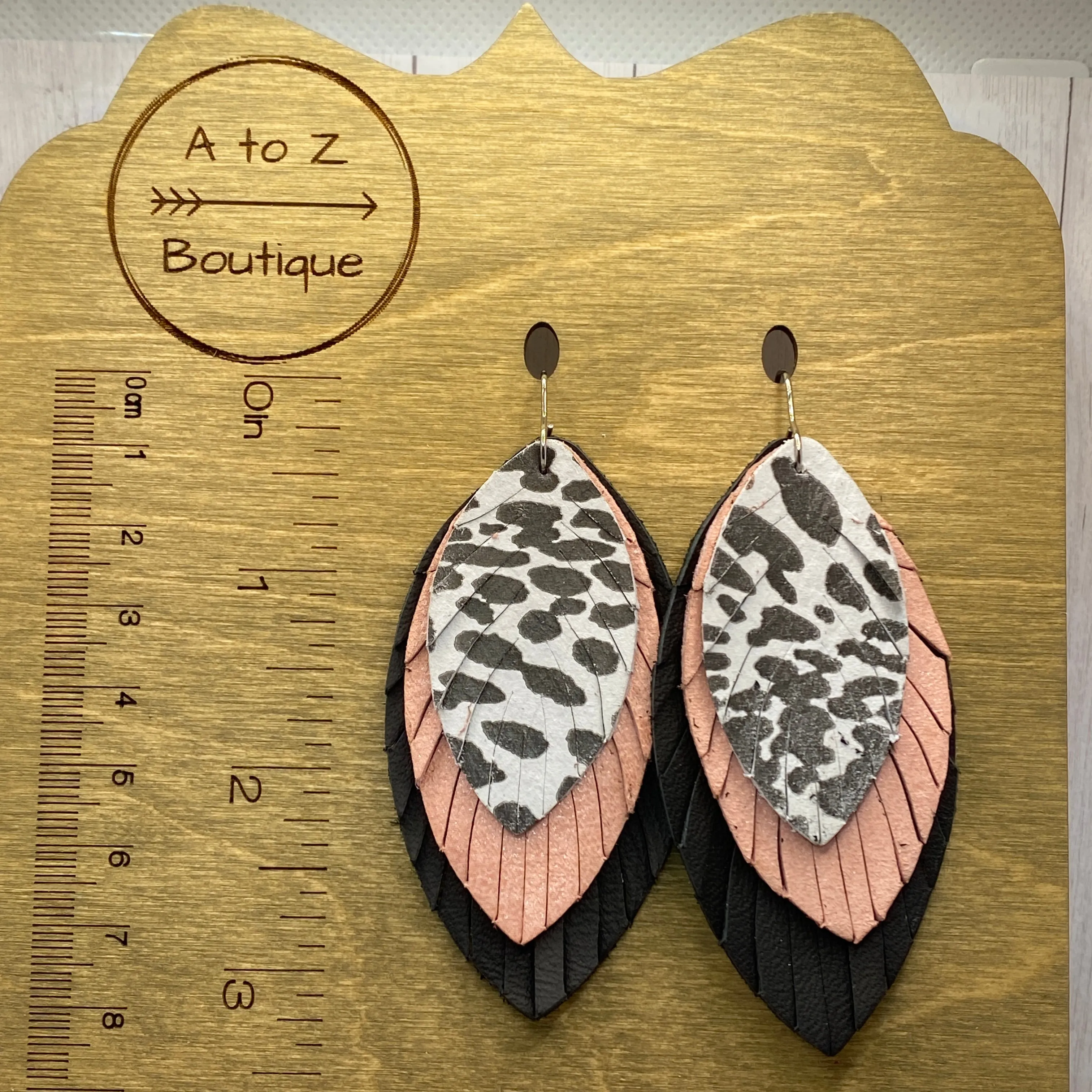 Black White and Pink Large Leather Feather Earrings