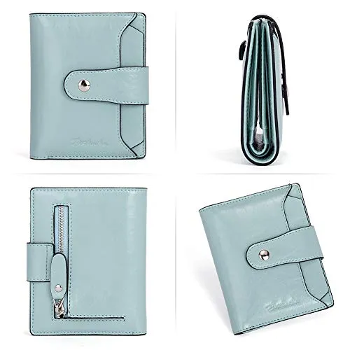 BOSTANTEN Women Leather Wallet RFID Blocking Small Bifold Zipper Pocket Wallet Card Case Purse with ID Window Blue