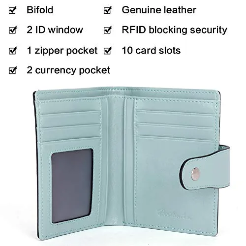 BOSTANTEN Women Leather Wallet RFID Blocking Small Bifold Zipper Pocket Wallet Card Case Purse with ID Window Blue