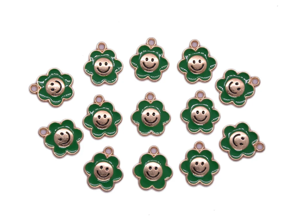 Dark Green Flower Smiley Enamel Charms