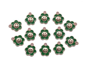 Dark Green Flower Smiley Enamel Charms