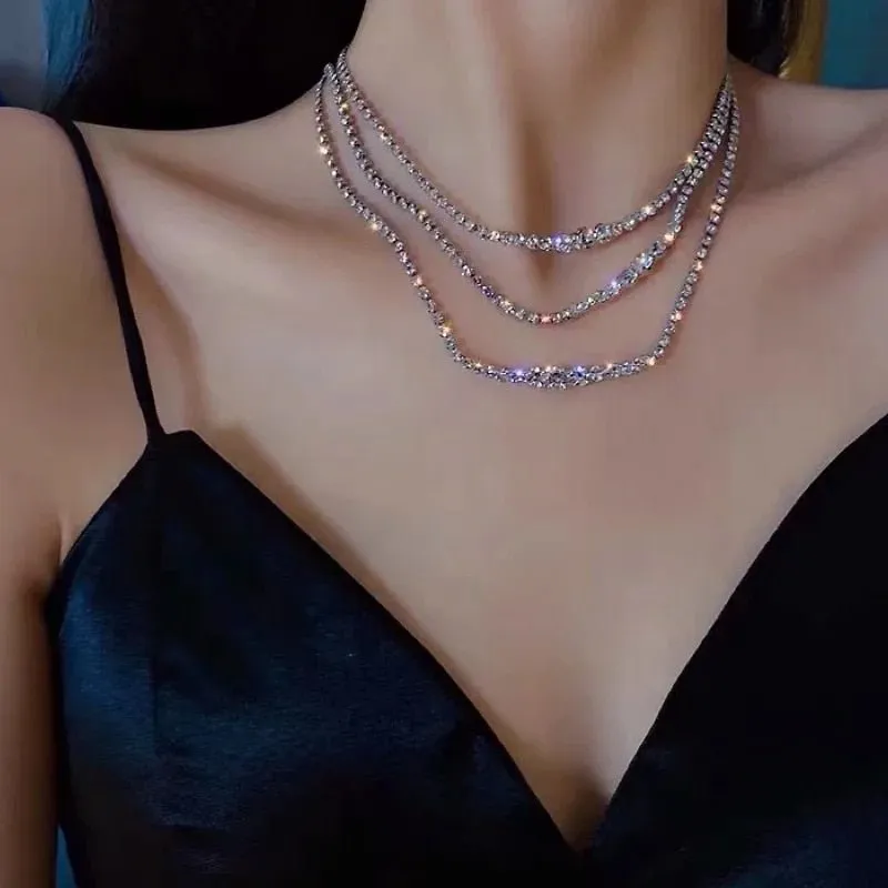 Fashion Shining Full Rhinestone Choker Necklaces For Women Geometric Simple Luxury Crystal Necklaces Statement Jewelry