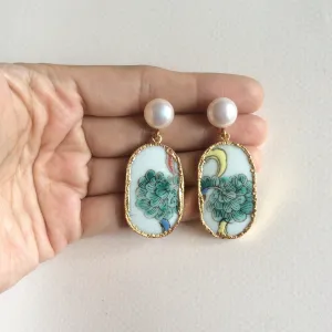 Feather plume porcelain earrings with freshwater pearl studs