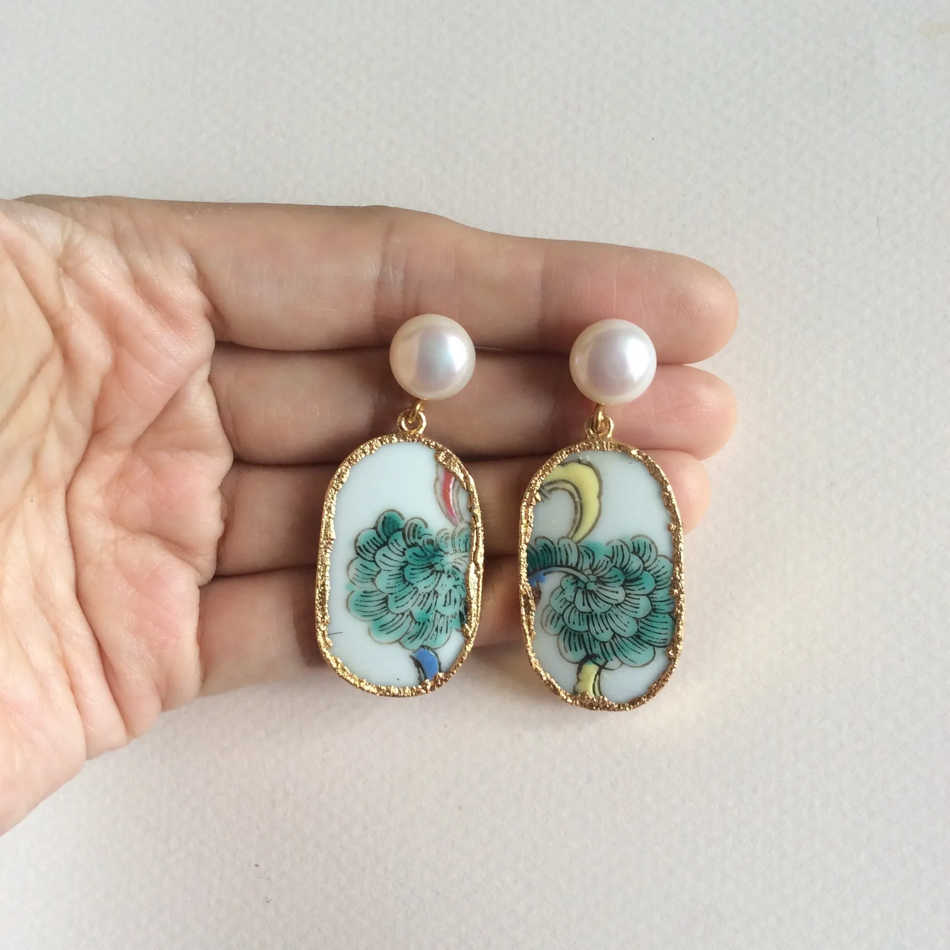 Feather plume porcelain earrings with freshwater pearl studs