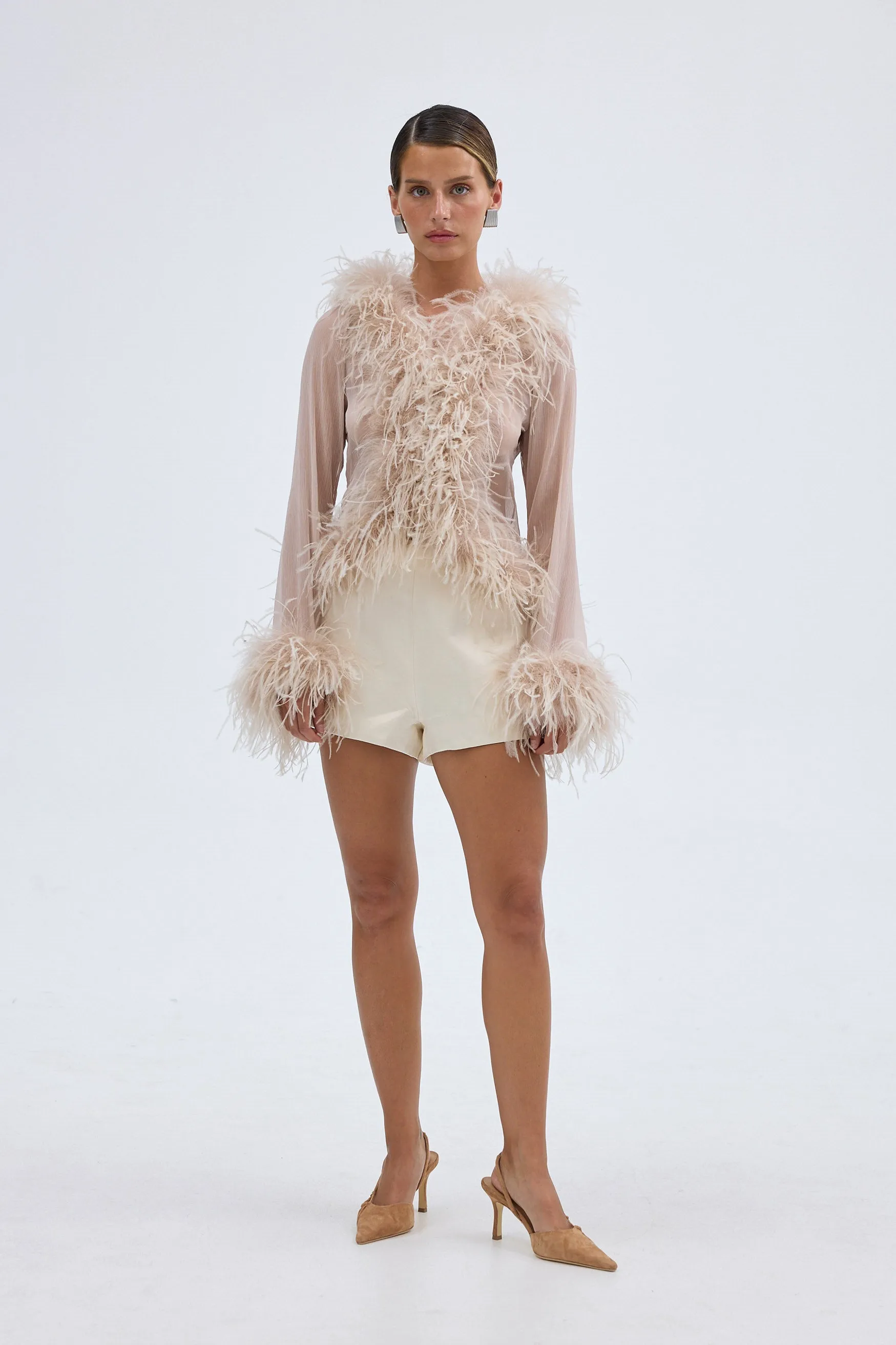 Gigi Sheer Feather Blouse - Caramel