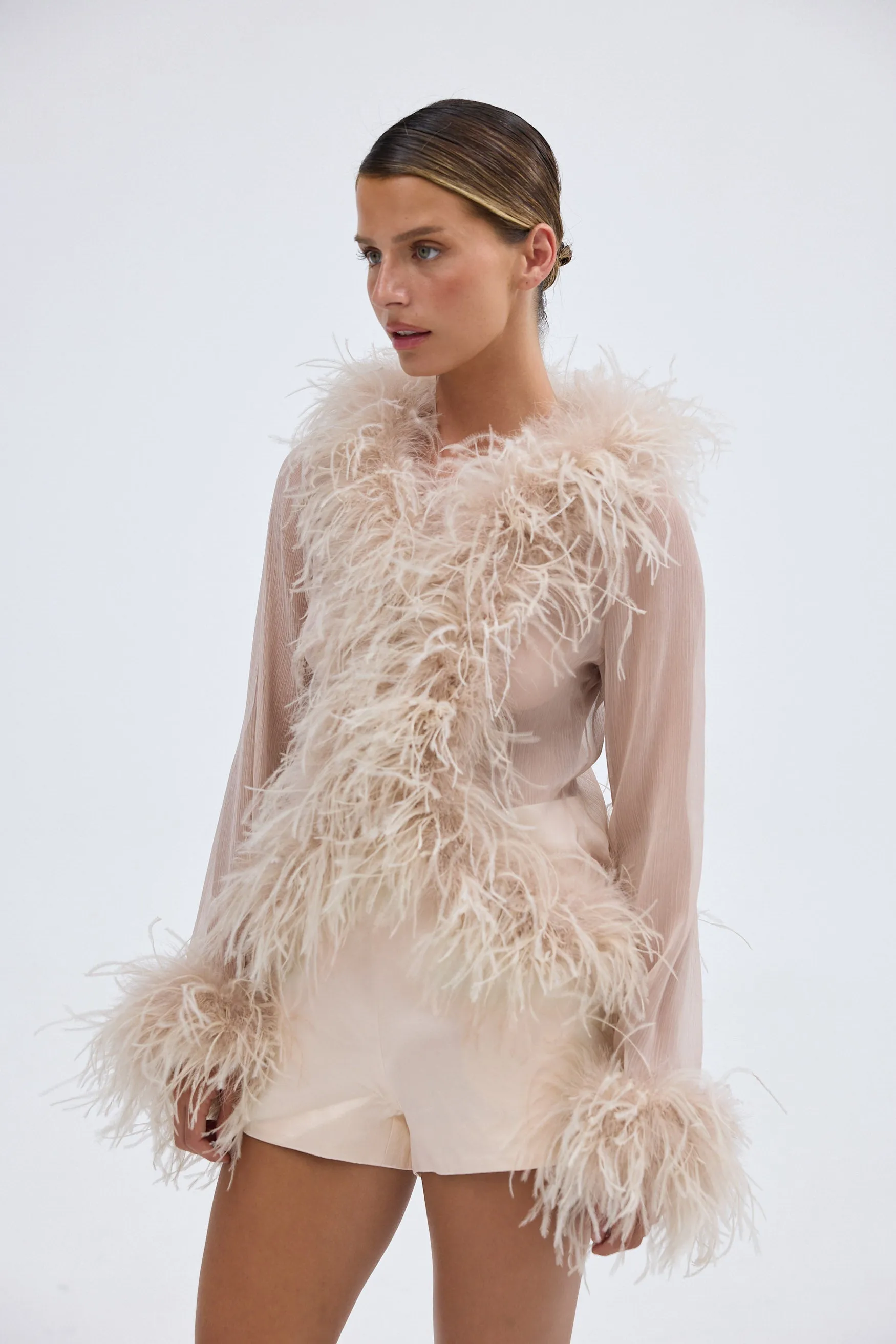 Gigi Sheer Feather Blouse - Caramel