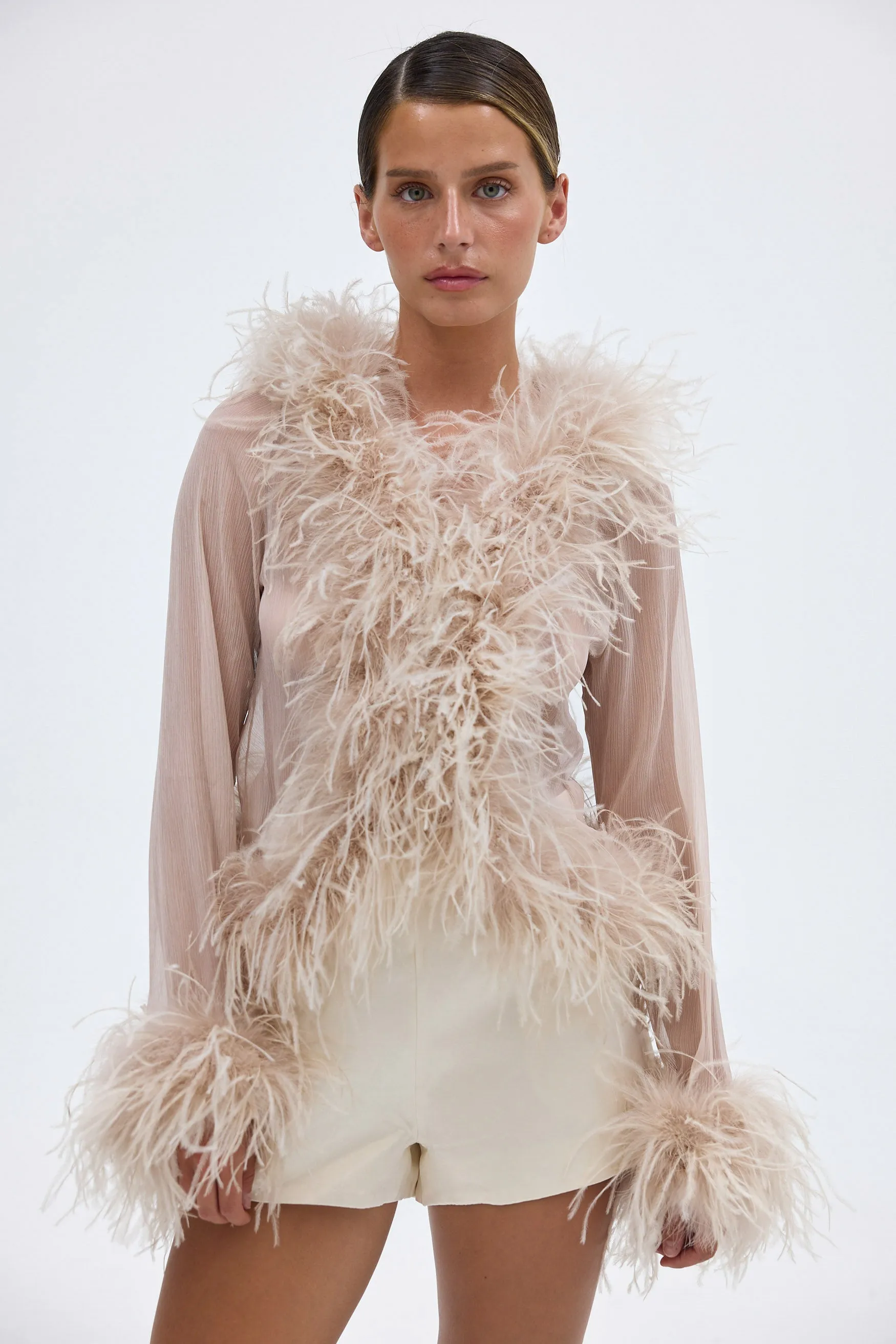 Gigi Sheer Feather Blouse - Caramel