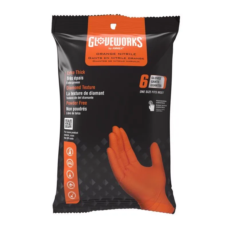 Gloveworks Nitrile Disposable Gloves One Size Fits Most Orange Powder Free 6 pc