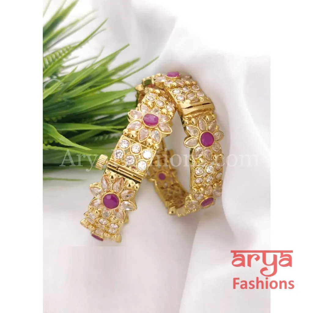 Golden Ruby Pink Polki Flower Bangles, Pair of 2 Bangles
