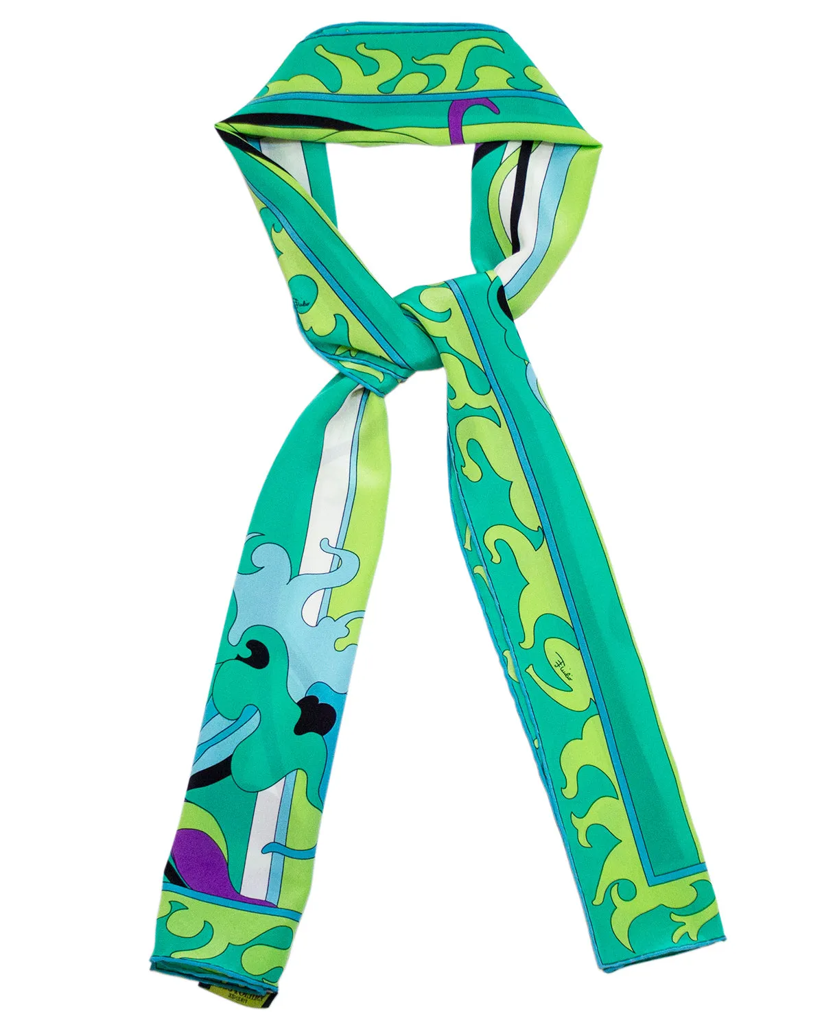 Green and Blue Printed Narrow Silk Scarf
