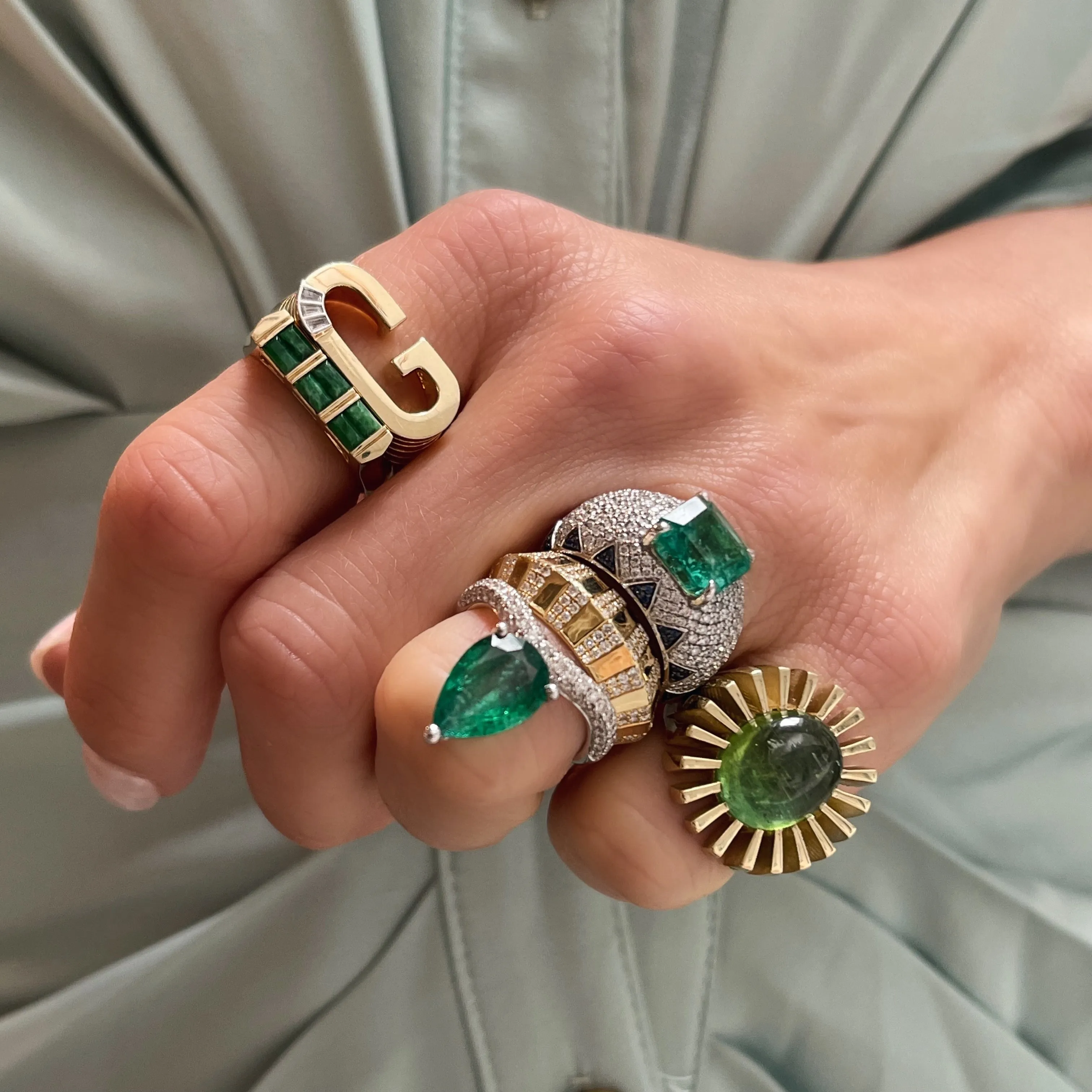 Hand Carved Oval Green Tourmaline Ring