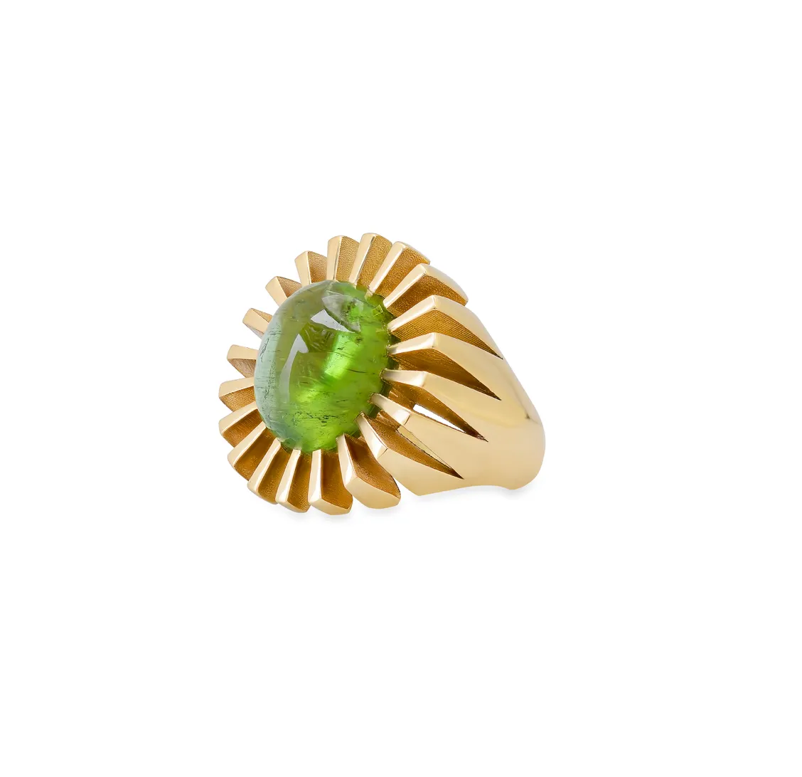 Hand Carved Oval Green Tourmaline Ring
