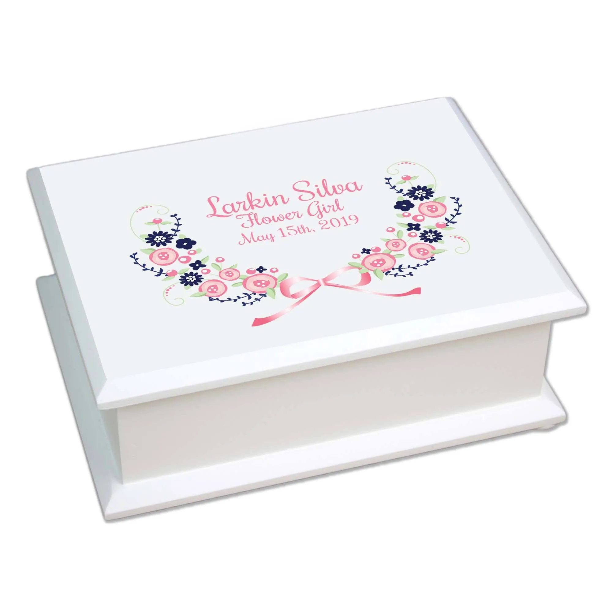 Lift Top Jewelry Box - Navy Pink Floral Garland