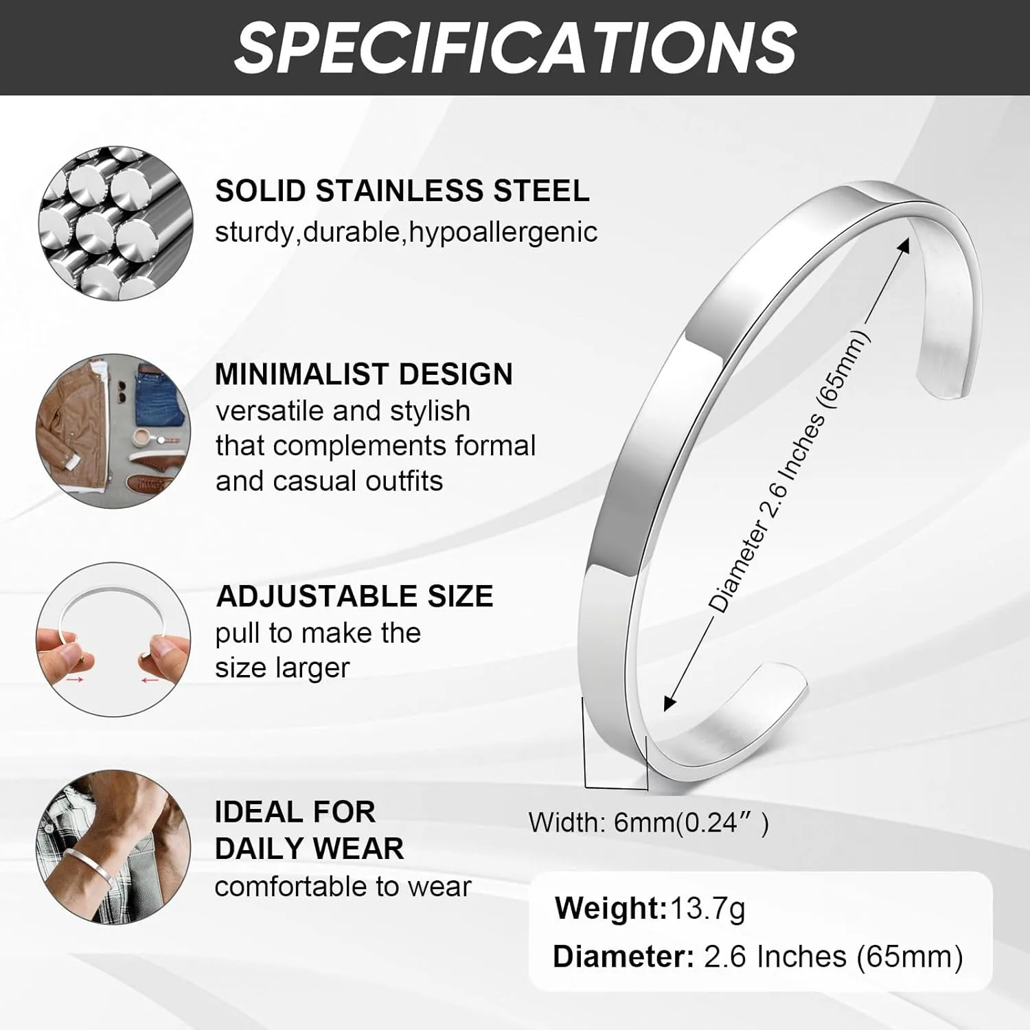 MEALGUET Stainless Steel Mens Cuff Bracelet : Minimal Cool Antique Retro/Silver/Black Open Metal Cuff Bangle Bracelets for Men Boy,65mm,