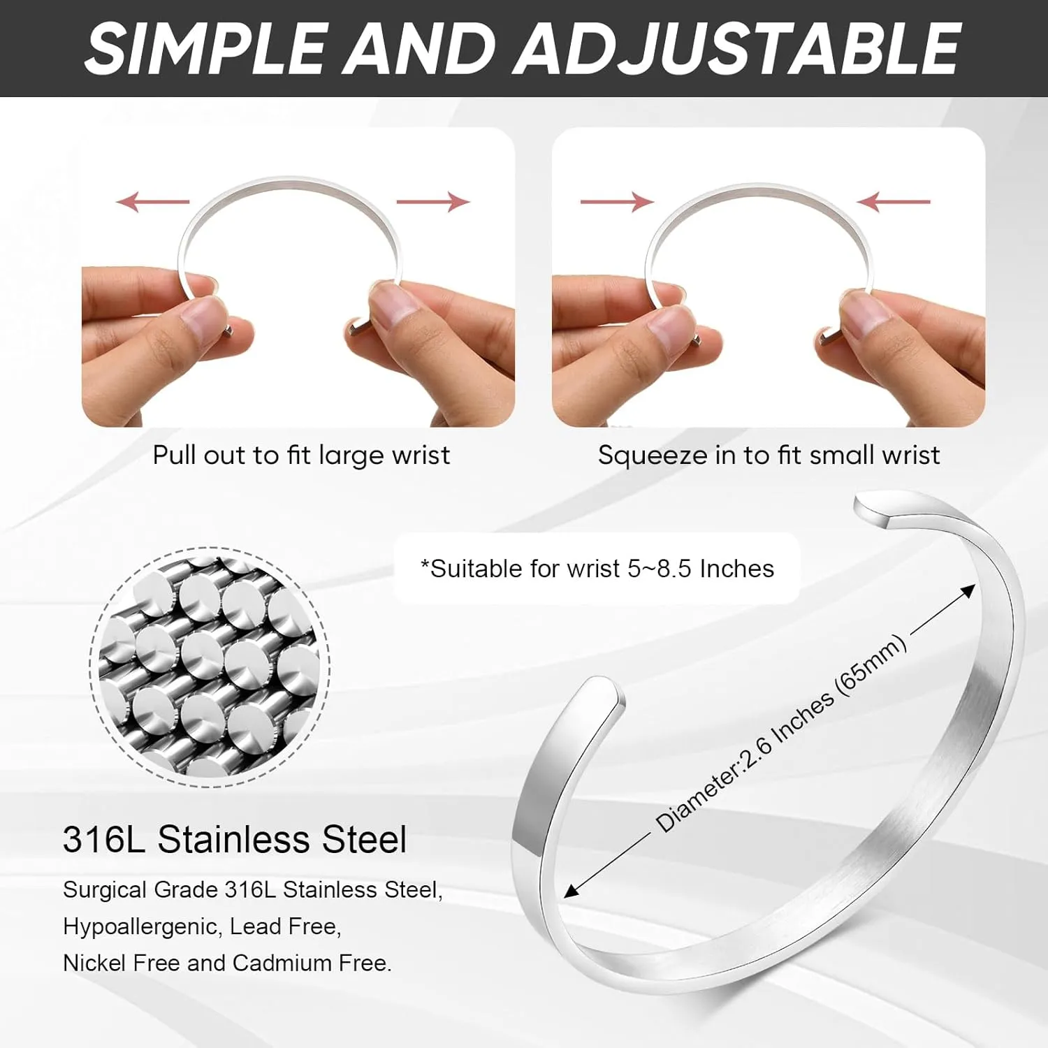 MEALGUET Stainless Steel Mens Cuff Bracelet : Minimal Cool Antique Retro/Silver/Black Open Metal Cuff Bangle Bracelets for Men Boy,65mm,