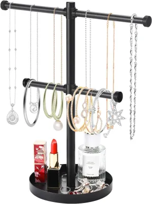 Necklace Holder Organizer Stand,2-Tier Sturdy Metal Jewelry Stand with Round Tray for Bracelet Bangles Holder Display,12.9" Tall for Long Necklace