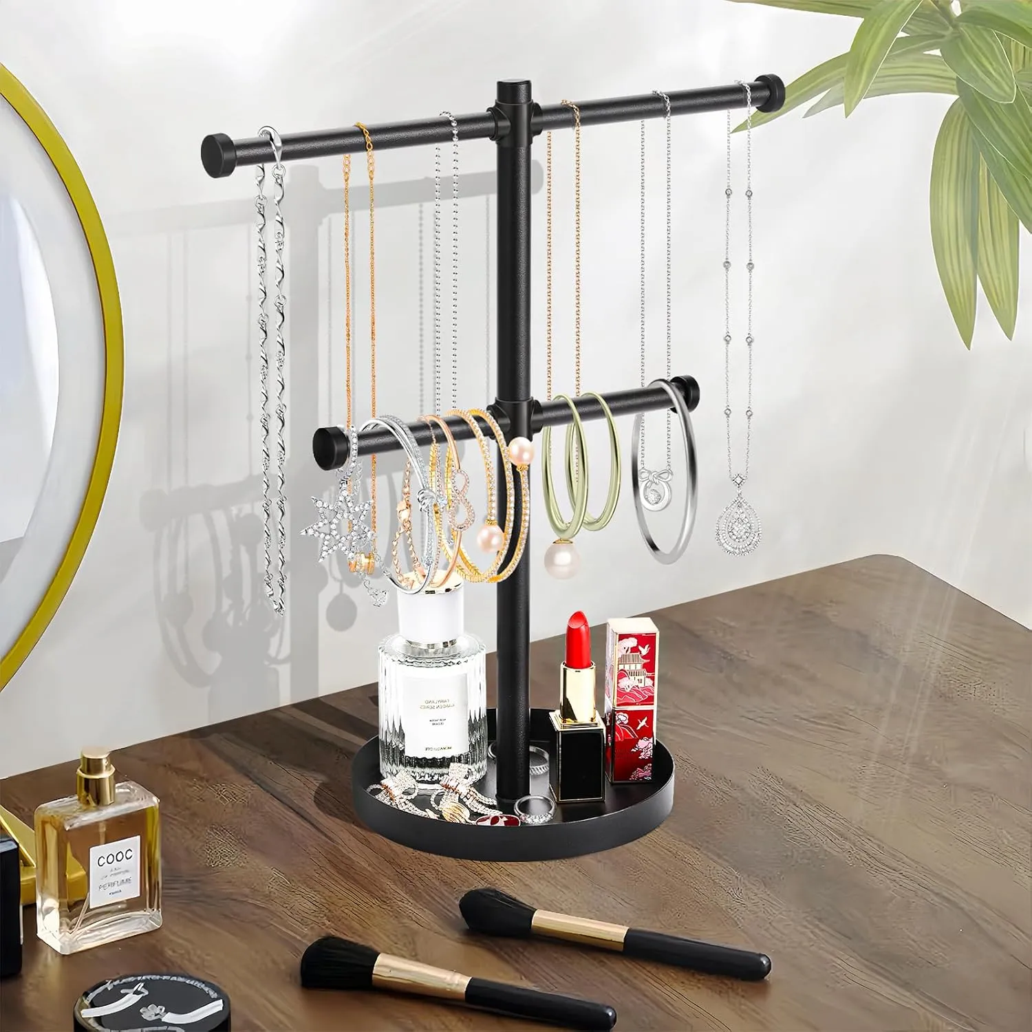 Necklace Holder Organizer Stand,2-Tier Sturdy Metal Jewelry Stand with Round Tray for Bracelet Bangles Holder Display,12.9" Tall for Long Necklace