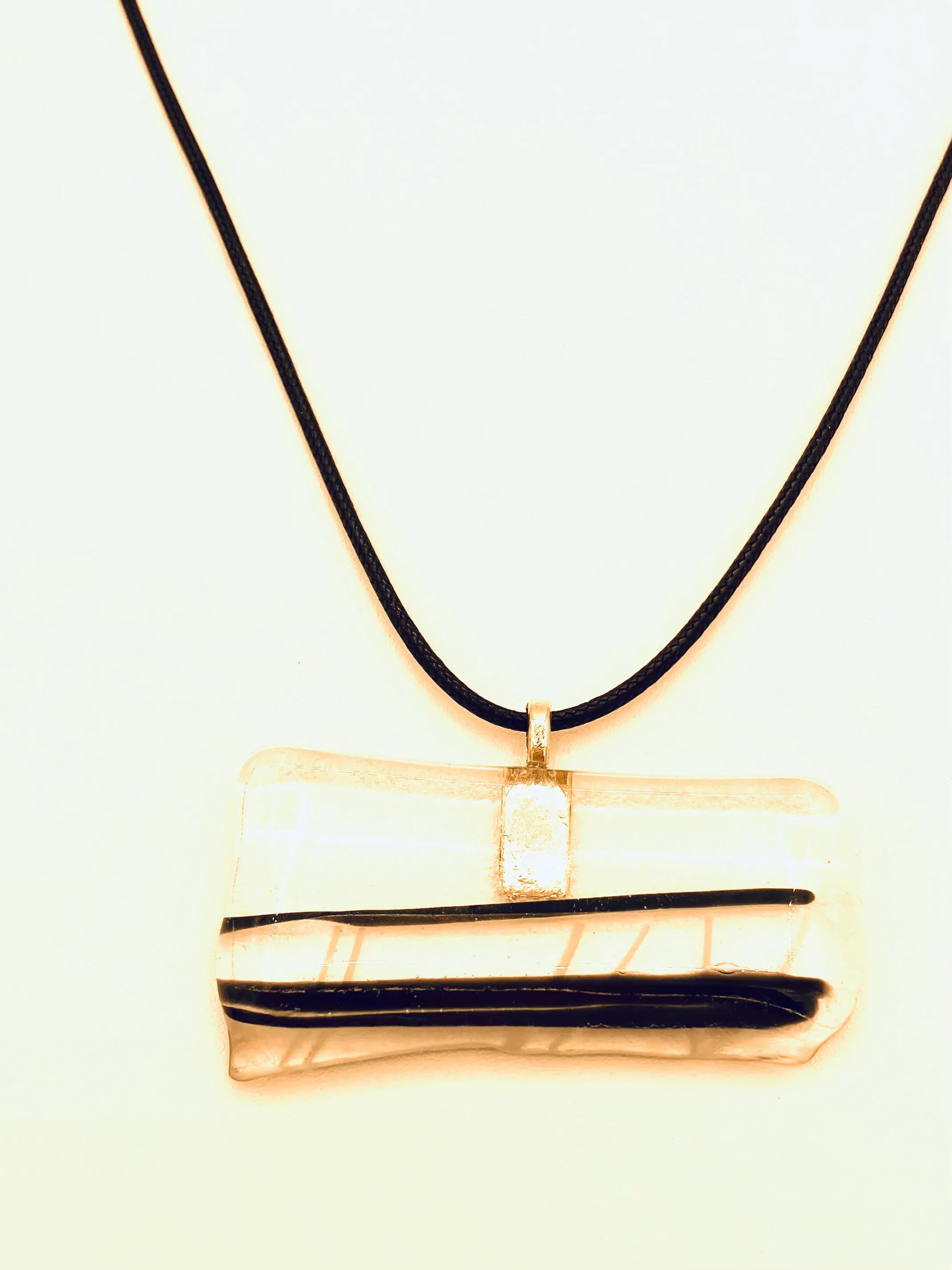 Necklace with Fused Glass Pendant, Clear with Black Stripes