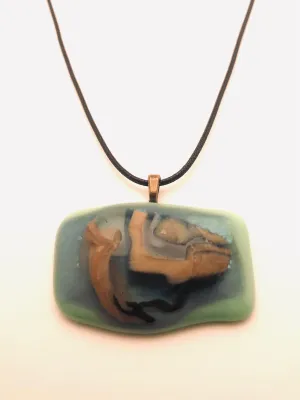 Necklace with fused Glass Pendant, large Pendant, green with black and brown