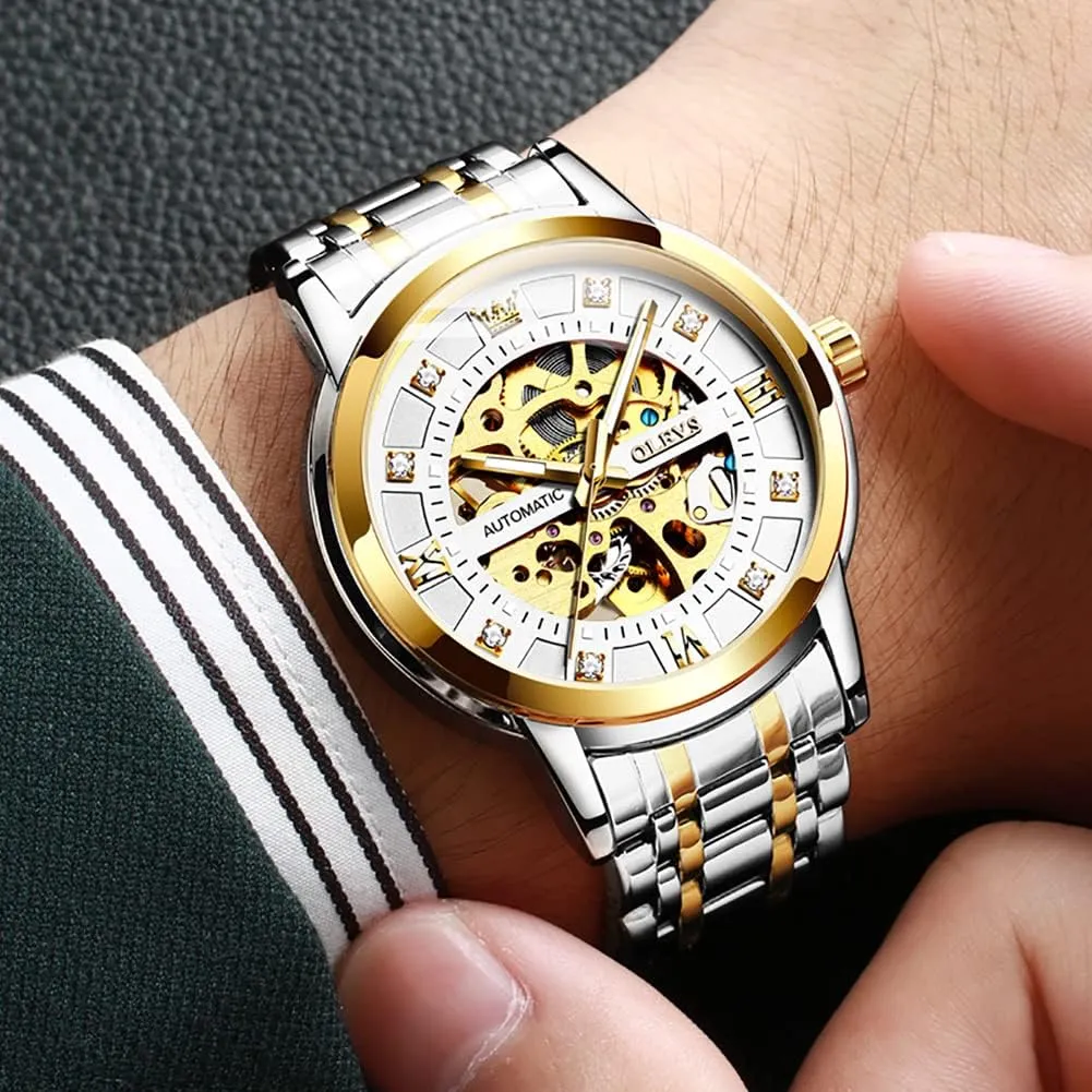 OLEVS Mens Automatic Watch Skeleton Diamond Luxury Mechanical Self Winding Dress Wrist Watch Waterproof Luminous