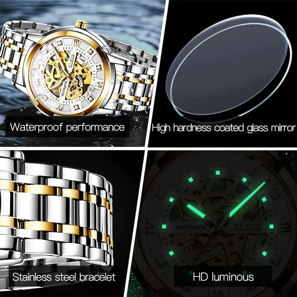 OLEVS Mens Automatic Watch Skeleton Diamond Luxury Mechanical Self Winding Dress Wrist Watch Waterproof Luminous