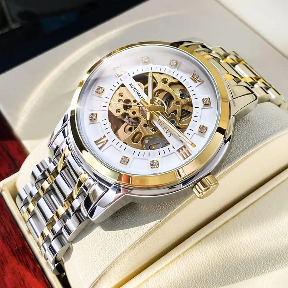 OLEVS Mens Automatic Watch Skeleton Diamond Luxury Mechanical Self Winding Dress Wrist Watch Waterproof Luminous
