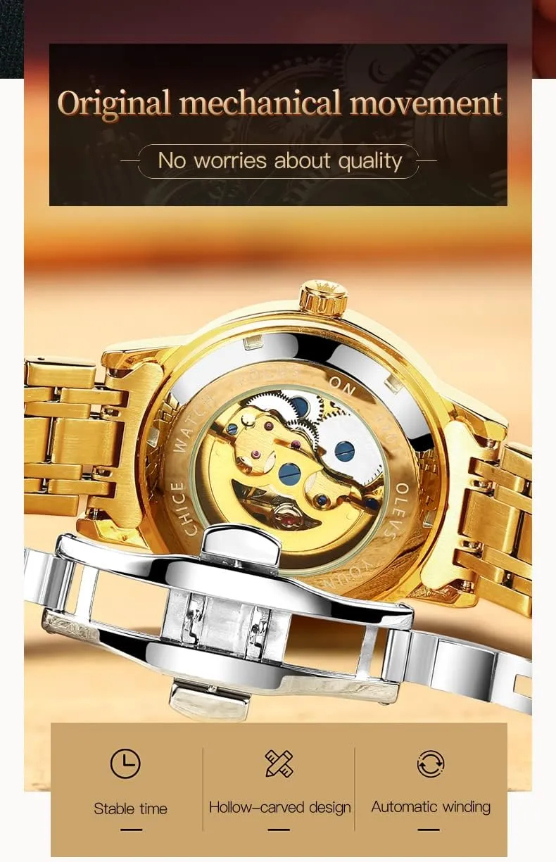 OLEVS Mens Automatic Watch Skeleton Diamond Luxury Mechanical Self Winding Dress Wrist Watch Waterproof Luminous
