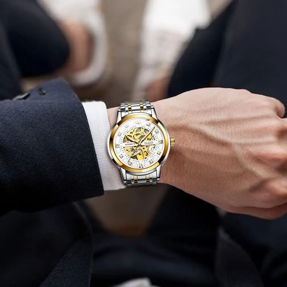 OLEVS Mens Automatic Watch Skeleton Diamond Luxury Mechanical Self Winding Dress Wrist Watch Waterproof Luminous