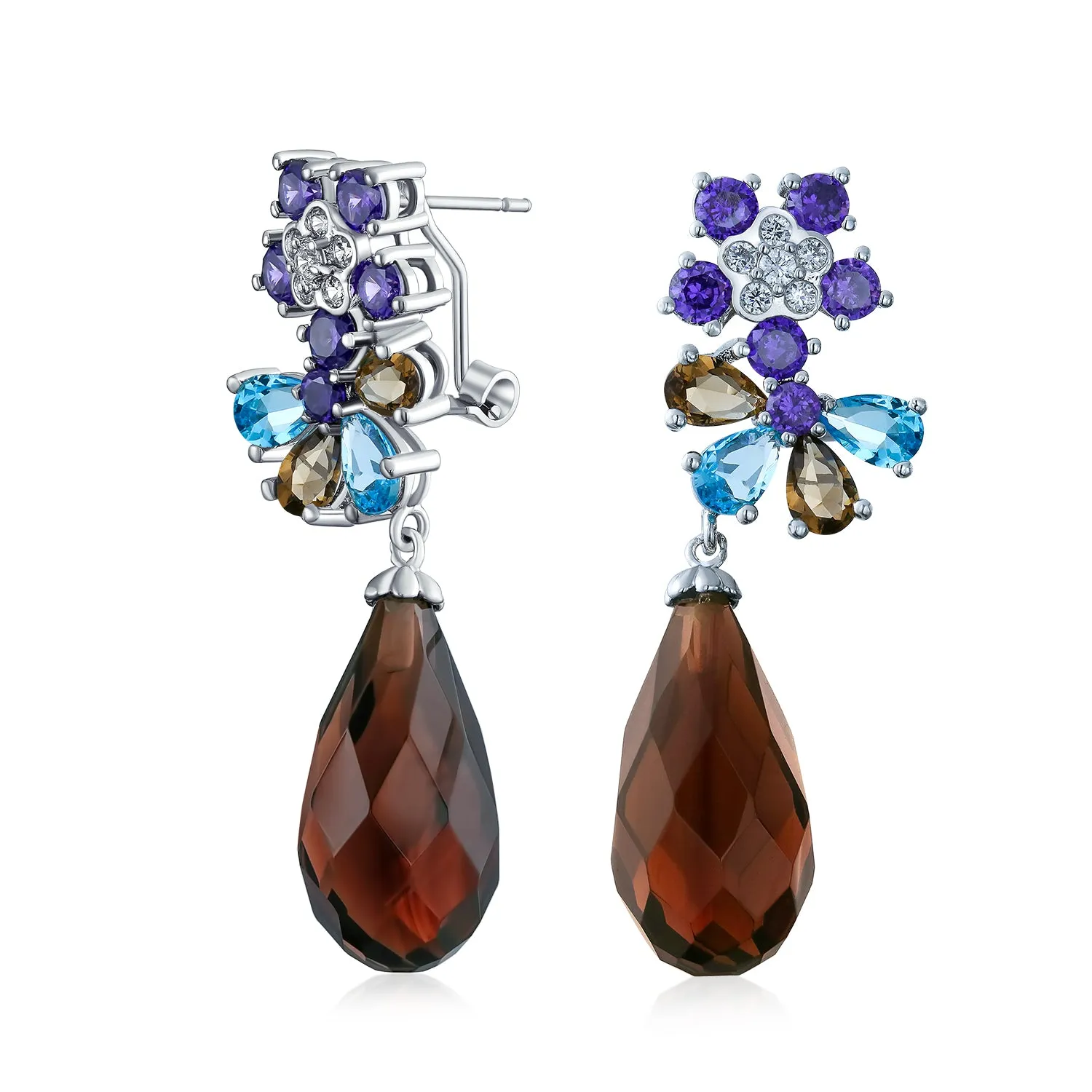 Purple Burgundy CZ Flower Dangle Chandelier Earrings for Prom Silver Plated