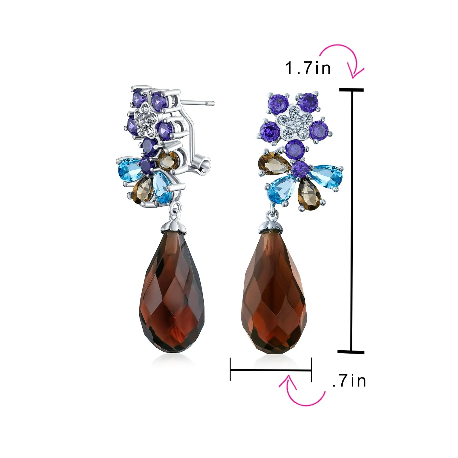 Purple Burgundy CZ Flower Dangle Chandelier Earrings for Prom Silver Plated