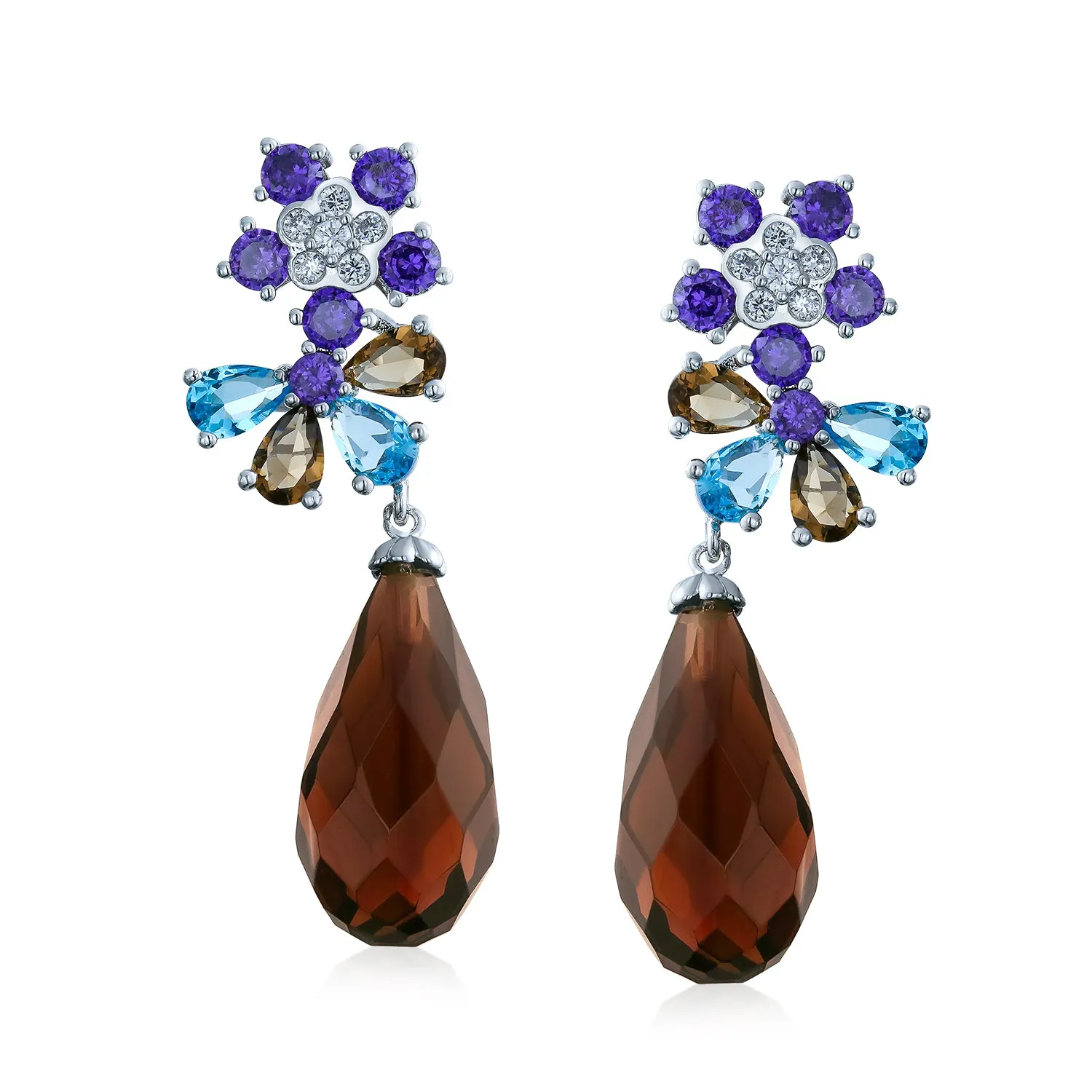 Purple Burgundy CZ Flower Dangle Chandelier Earrings for Prom Silver Plated