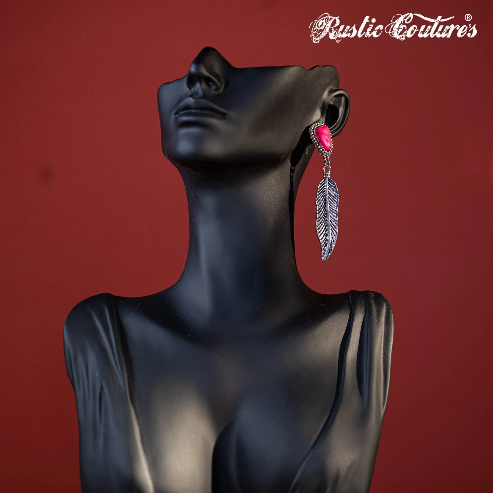 Rustic Couture's Hot Pink Nature Stone with Feather Silver Dangling Earring