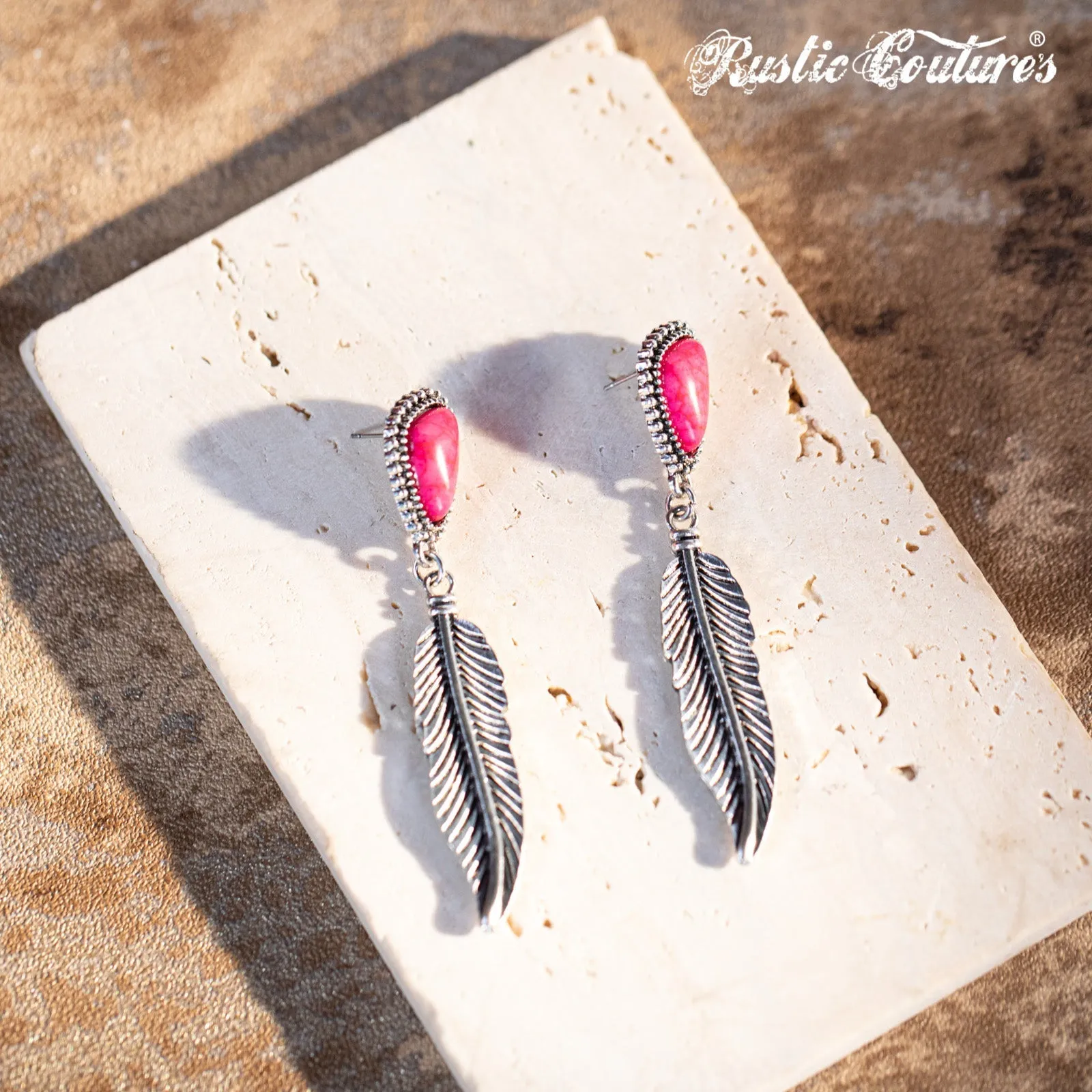 Rustic Couture's Hot Pink Nature Stone with Feather Silver Dangling Earring