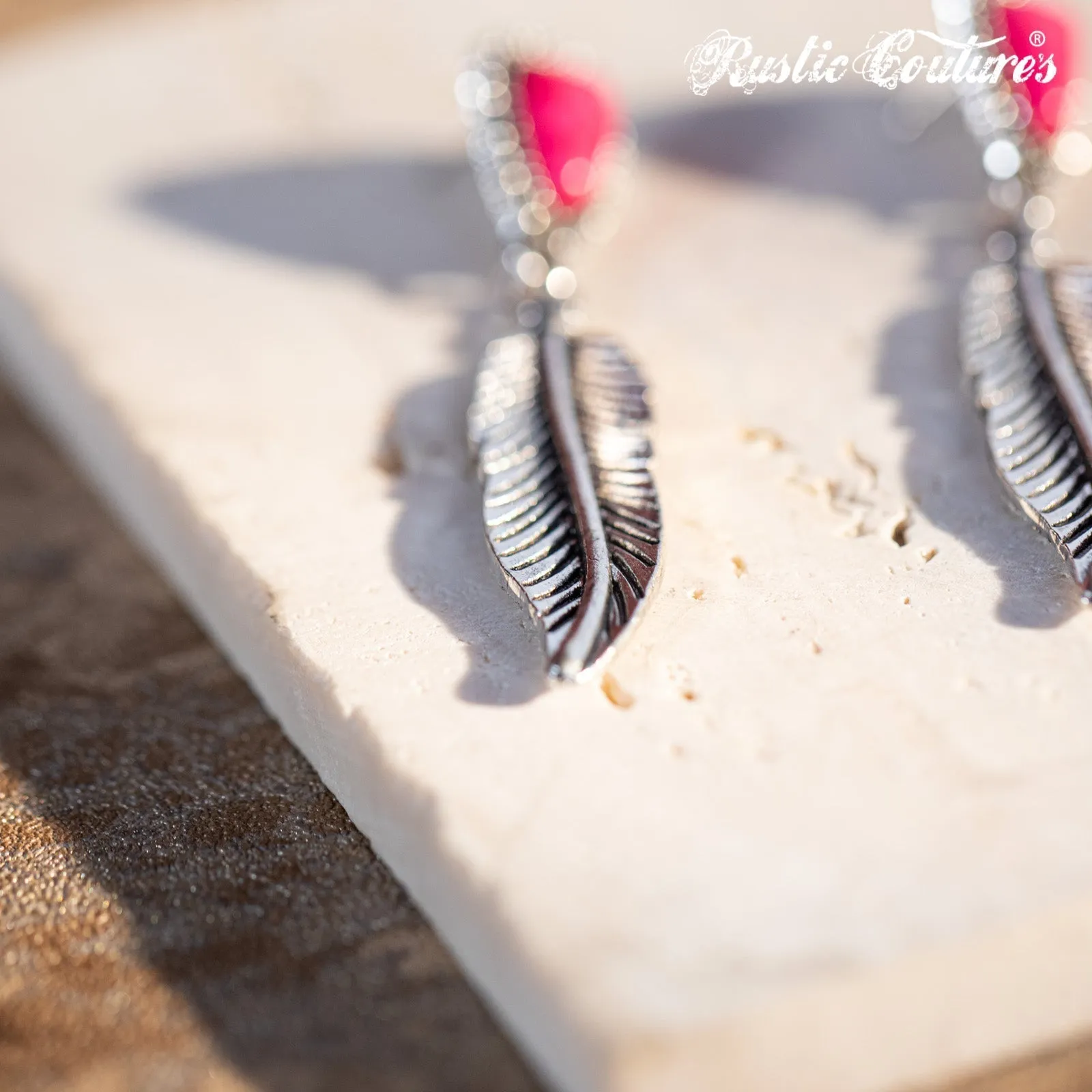 Rustic Couture's Hot Pink Nature Stone with Feather Silver Dangling Earring