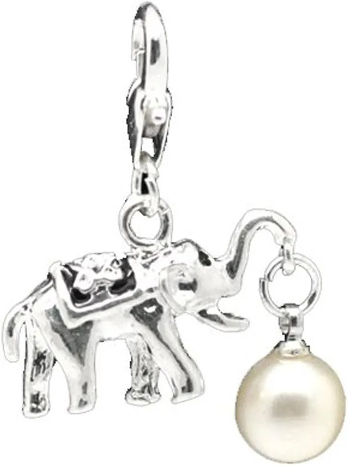 Sexy Sparkles Clip on Elephant with White Imitation Pearl Charm for European Jewelry with Lobster Clasp