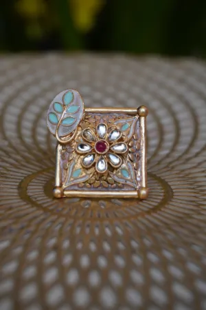 Square Shape Gold Plated Rajwadi Look Adjustable Ring