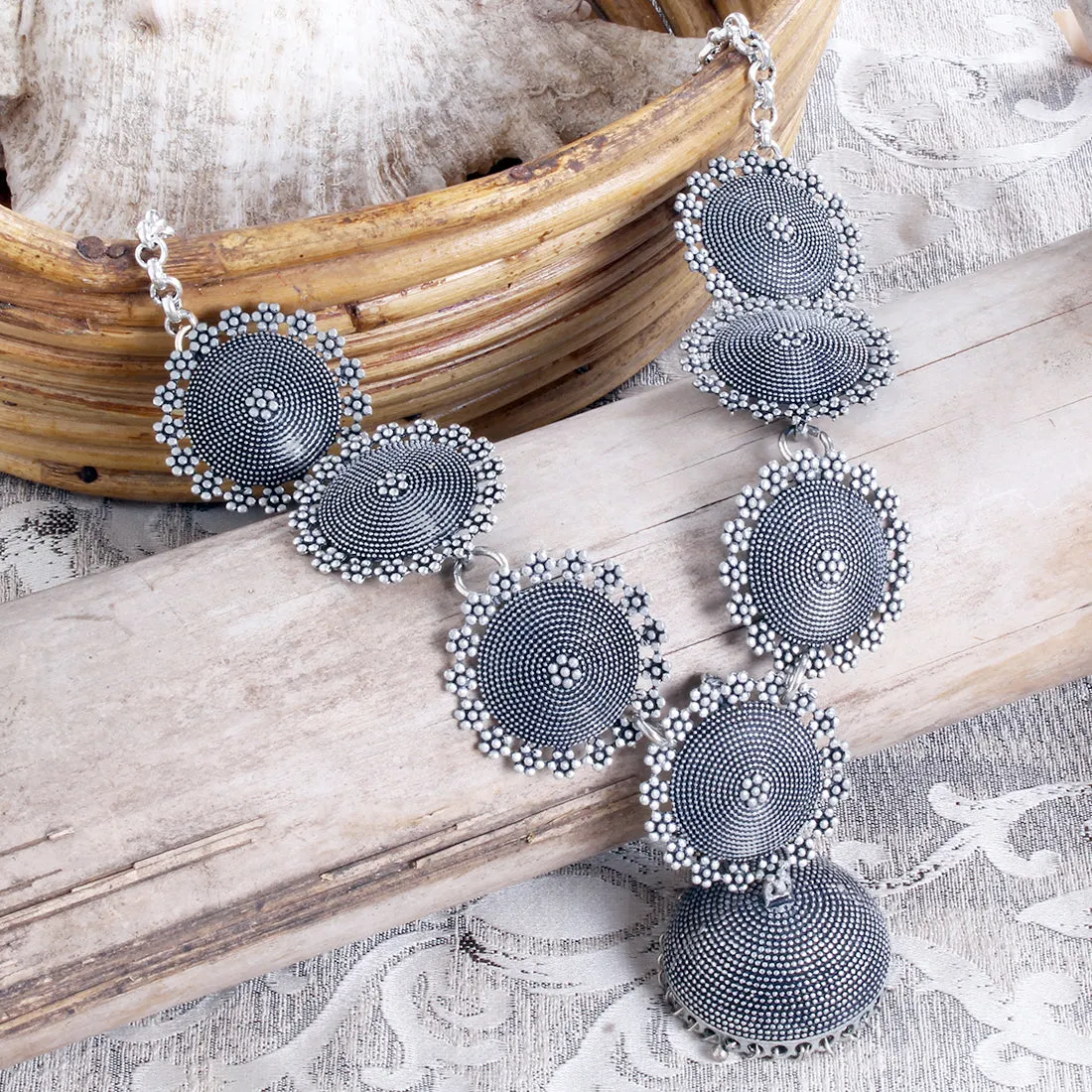 STATEMENT HANDCRAFTED ETHNIC SILVER-TONED CIRCULAR PENDANT ENGRAVED CHOKER NECKLACE