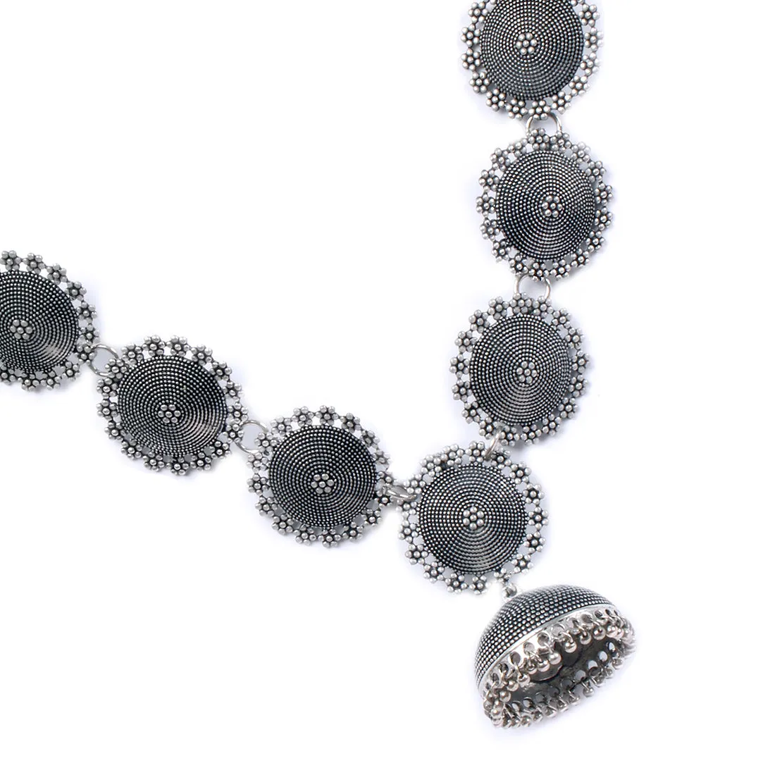 STATEMENT HANDCRAFTED ETHNIC SILVER-TONED CIRCULAR PENDANT ENGRAVED CHOKER NECKLACE
