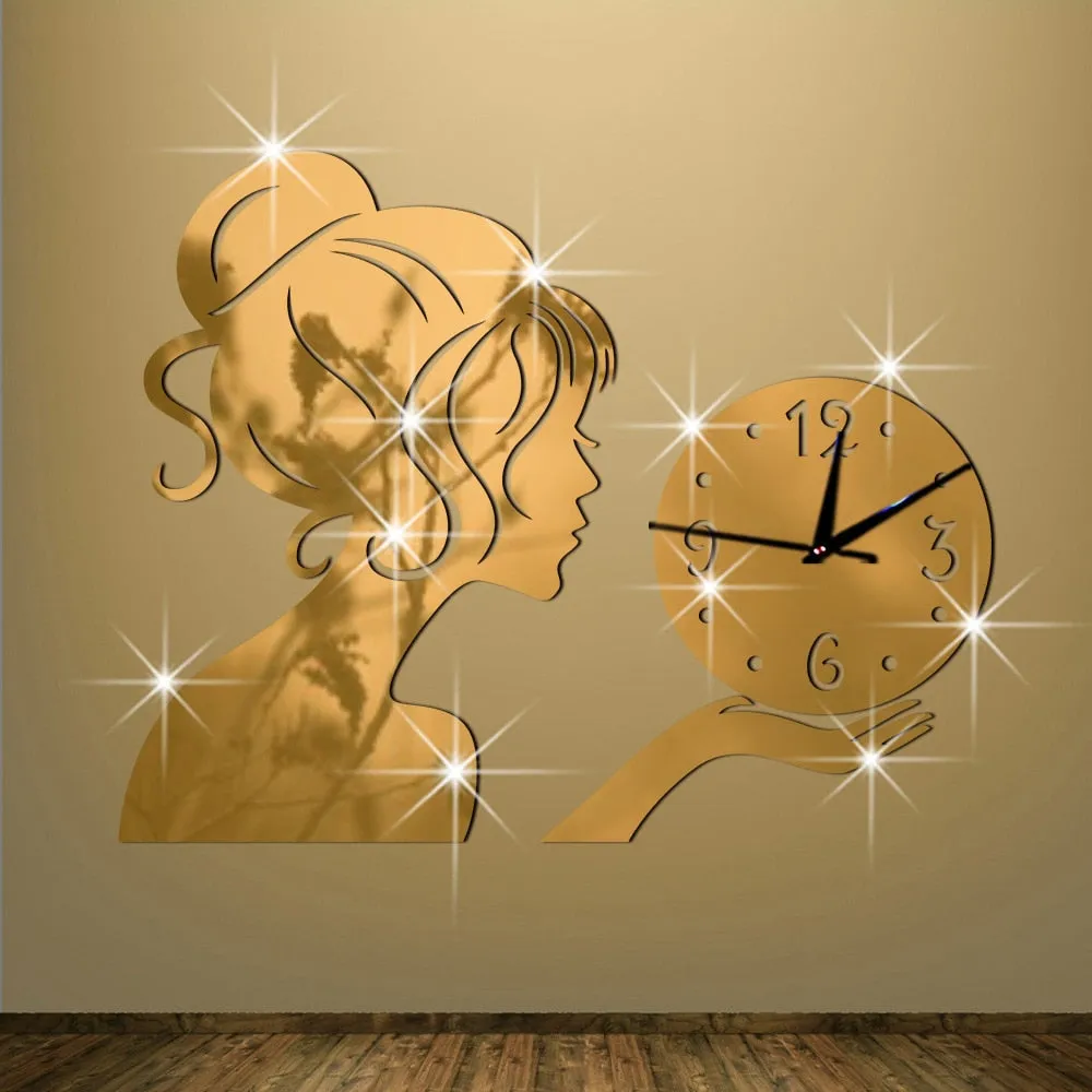 Stereo Girl Mirror Wall Clock Study Bedroom Living Room Background Wall Ackle Mirror Silent  Room Decor  Wall Stickers