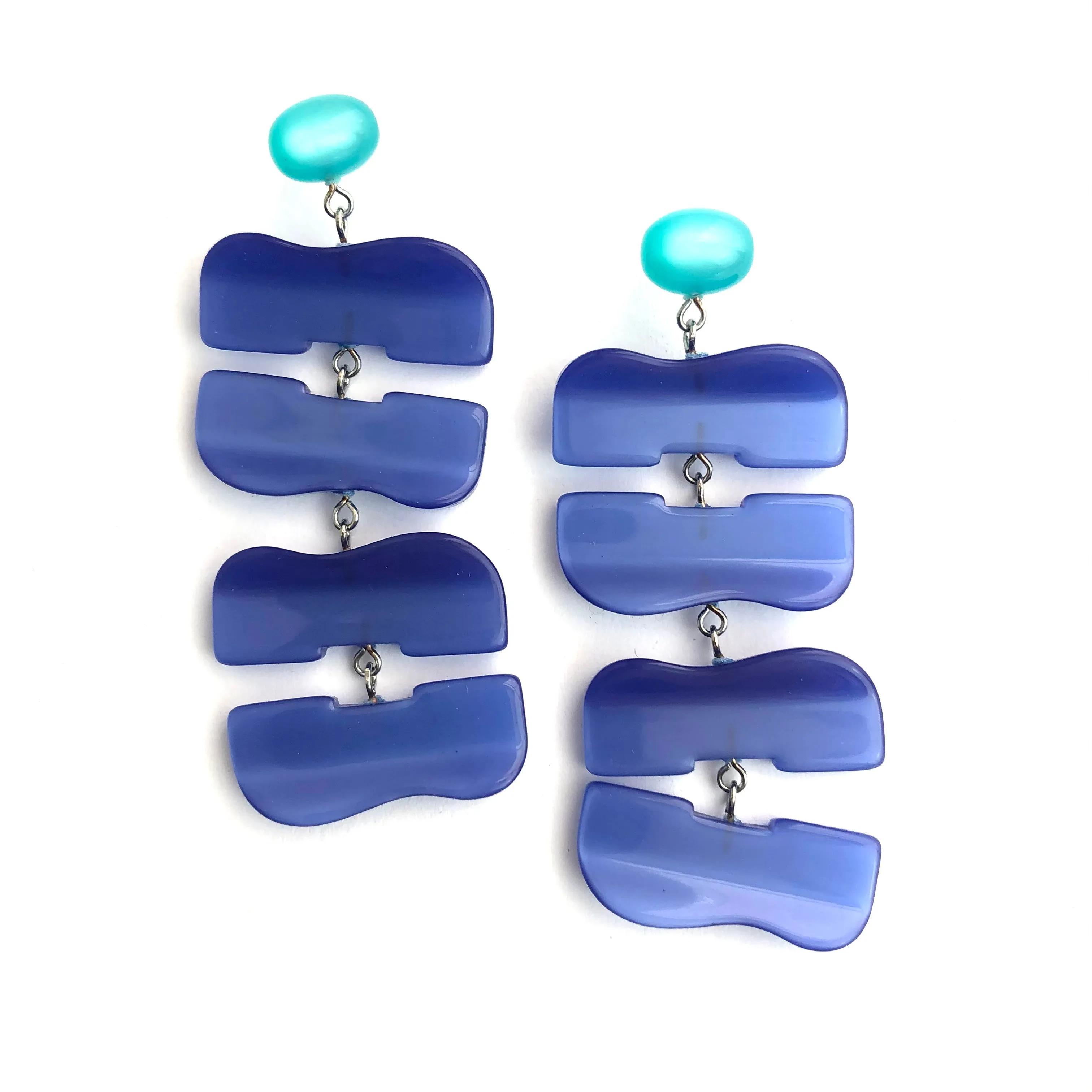Teal & Blue Hinged Buckle Stack Moonglow Statement Earrings *