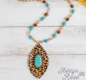 The Git Up Teardrop Beaded Necklace with Center Bedazzled Stone, Brown Leopard