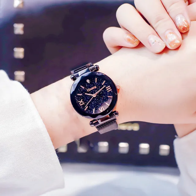 Ulzzang Luxury Crystal Star Sky  Purple Lady Steel Strap Magnetic Buckle Bracelet Watch
