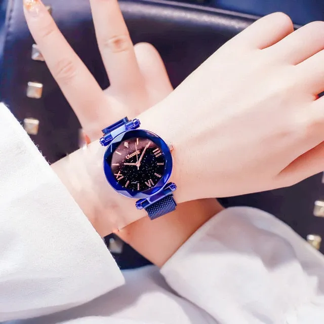 Ulzzang Luxury Crystal Star Sky  Purple Lady Steel Strap Magnetic Buckle Bracelet Watch