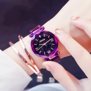 Ulzzang Luxury Crystal Star Sky  Purple Lady Steel Strap Magnetic Buckle Bracelet Watch